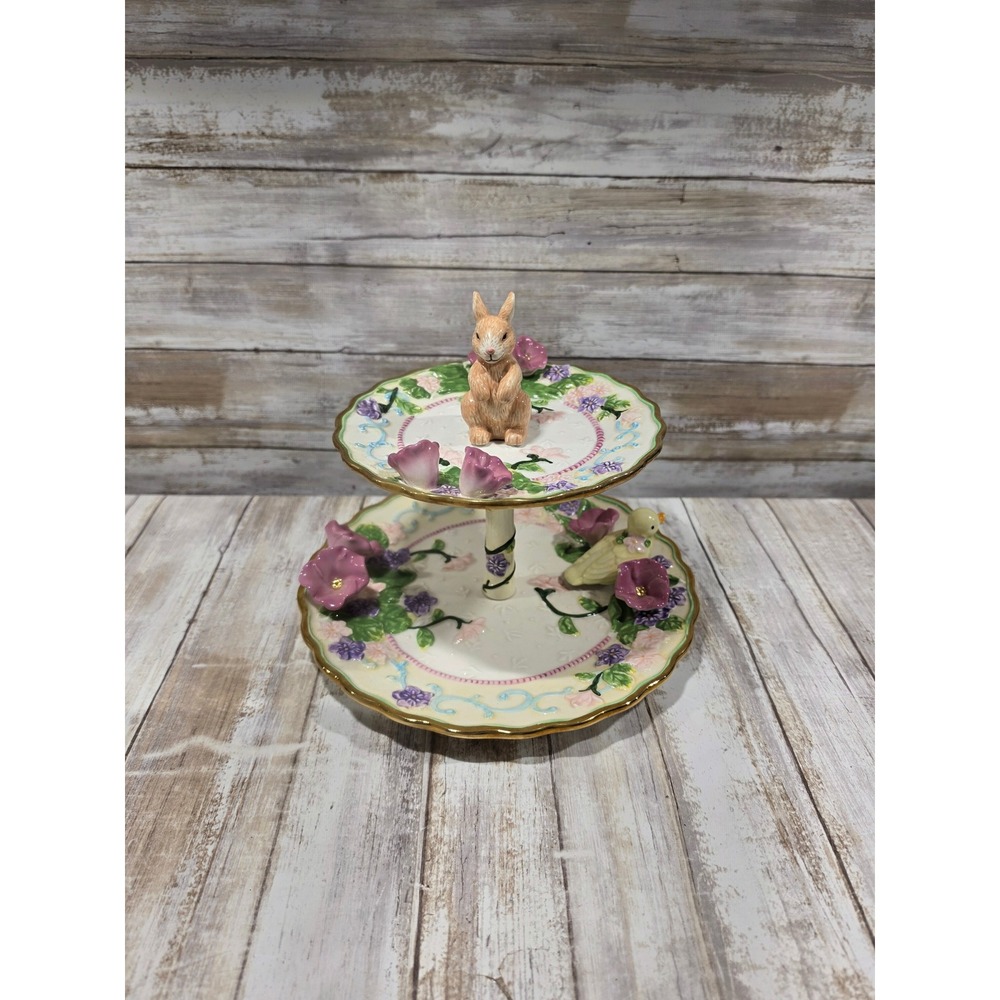 Avon Springtime Collection 2 Tier Server Bunny Bird Floral‎ Easter Tiered Tray